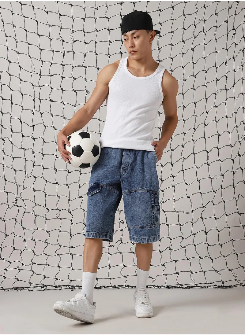 Hubberholme Men's Indigo 100% Cotton Distressed Cropped Loose Fit Shorts
