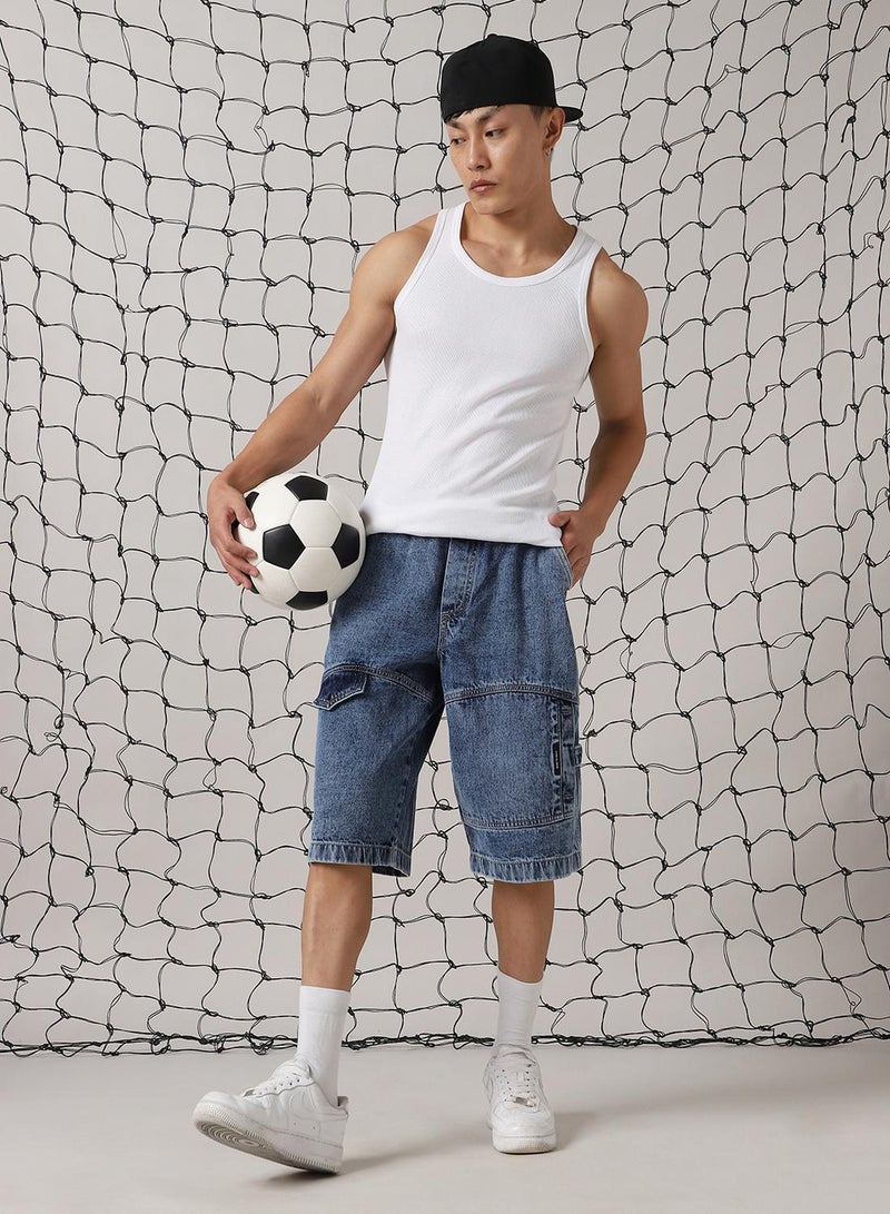 Hubberholme Men's Indigo 100% Cotton Distressed Cropped Loose Fit Shorts  - Image 1