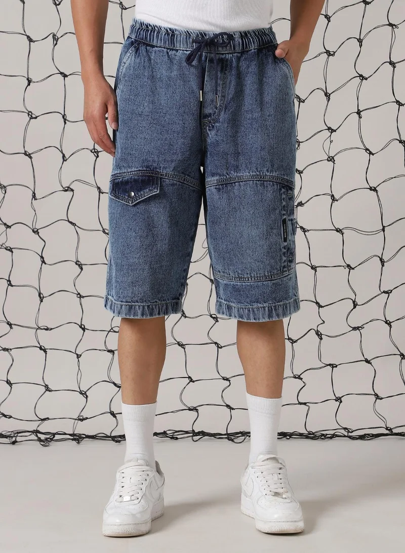 هوبرهولمي Men's Indigo 100% Cotton Distressed Cropped Loose Fit Shorts