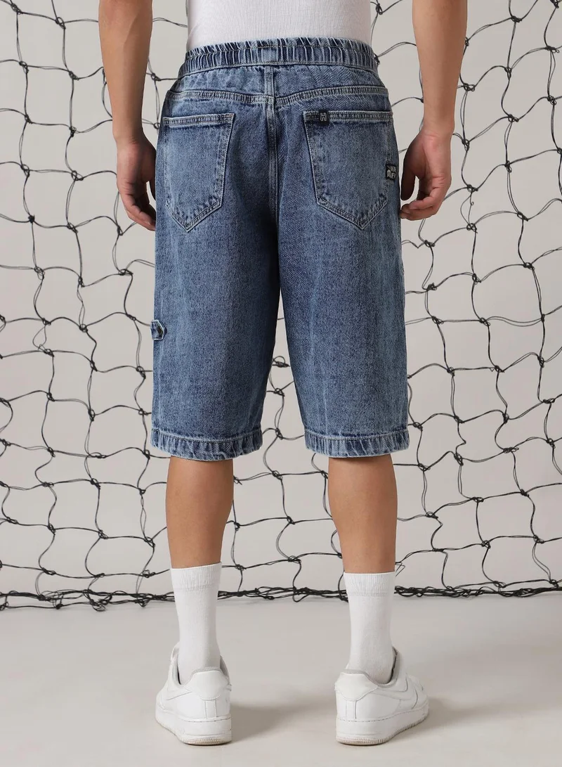 هوبرهولمي Men's Indigo 100% Cotton Distressed Cropped Loose Fit Shorts