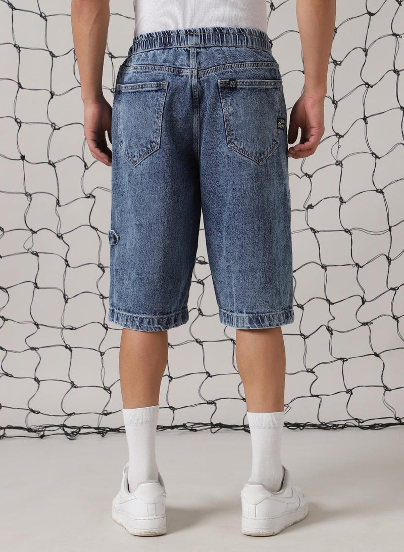 Hubberholme Men's Indigo 100% Cotton Distressed Cropped Loose Fit Shorts  - Image 3
