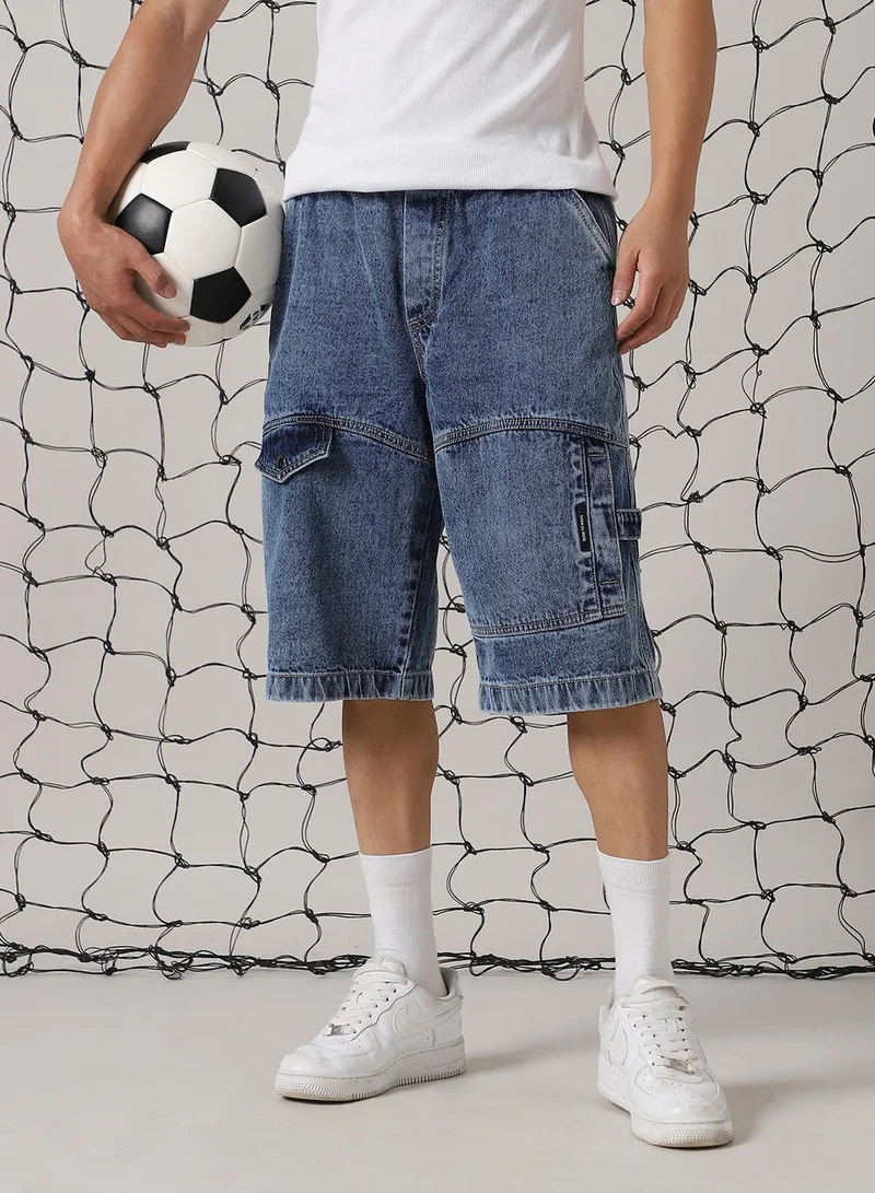 هوبرهولمي Men's Indigo 100% Cotton Distressed Cropped Loose Fit Shorts