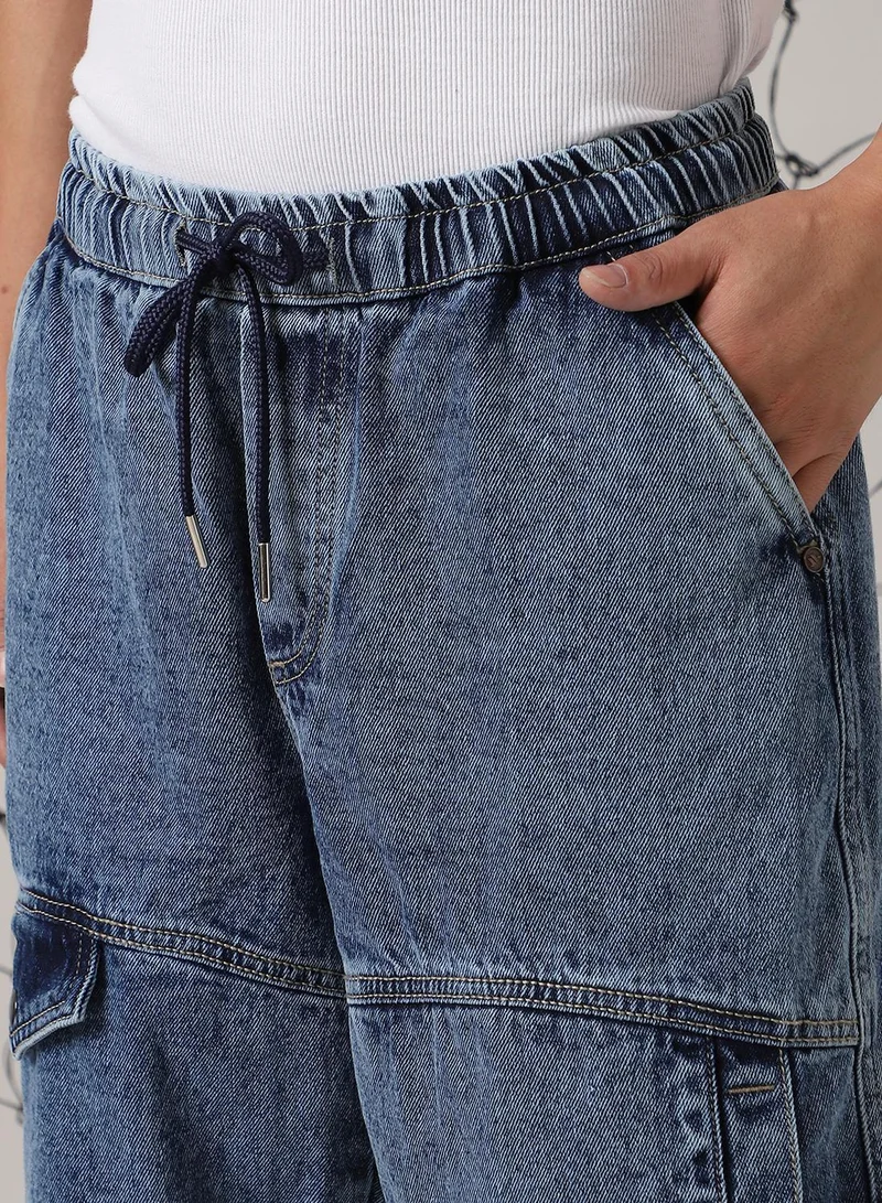 هوبرهولمي Men's Indigo 100% Cotton Distressed Cropped Loose Fit Shorts