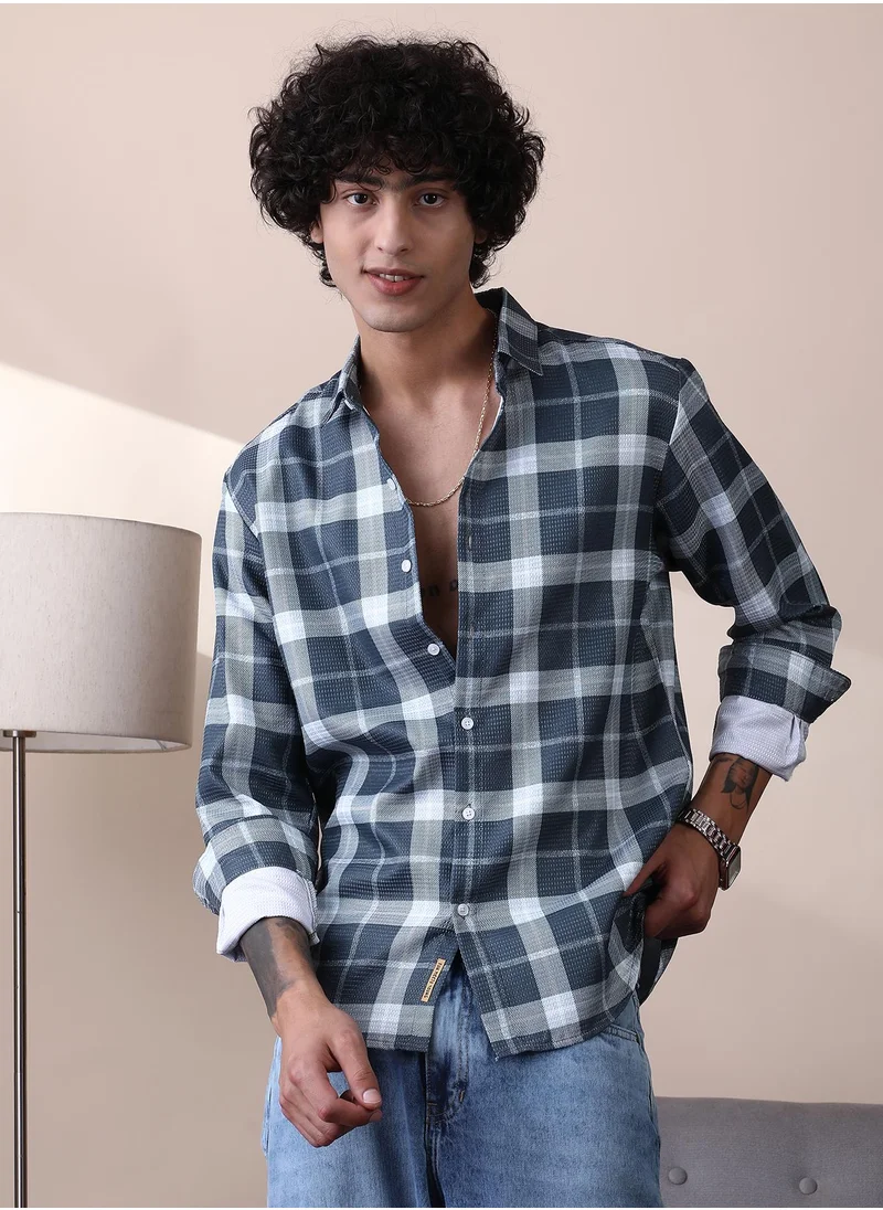 Campus Sutra Campus Sutra Men's Slate Grey Tartan Plaid Shirt For Casual Wear | Spread Collar | Long Cuffed Sleeves | Button Closure | Shirt Crafted With Comfort Fit For Everyday Wear