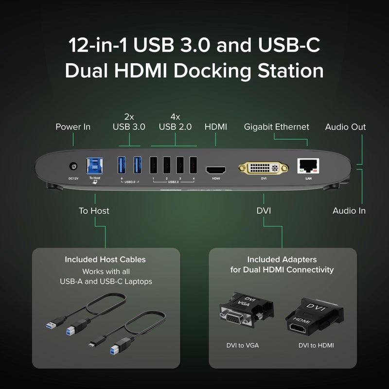 Plugable USB 3.0 Universal Docking Station for Windows, macOS, ChromeOS (Dual HDMI Monitors or DVI/VGA, Gigabit Ethernet, Audio, 6 USB Ports) - Image 2