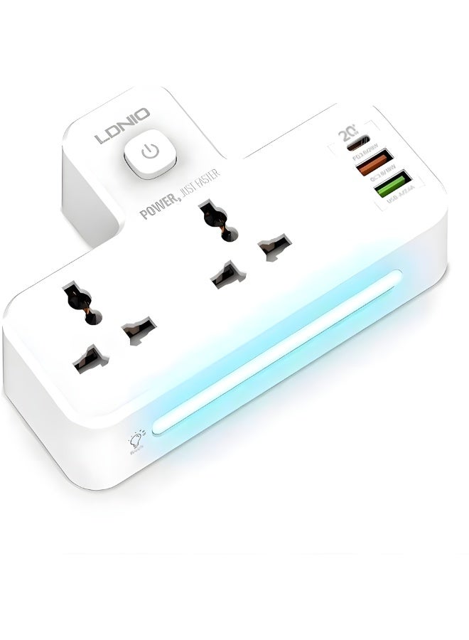 LDNIO SC2311  Power Extension Socket Double Plug Adaptor with Output 2500W, Touch Control Nightlight With 1 PD 20W,1 QC3.0 18W And Auto ID Port 12W - White - Image 2