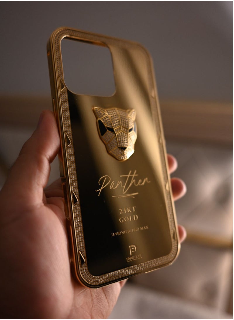 CAVIAR Luxury 24K Gold Panther Case for iPhone 16 Pro Max – Premium Metal Plated Protective Cover with Diamond-Inspired Panther Emblem  - Image 3