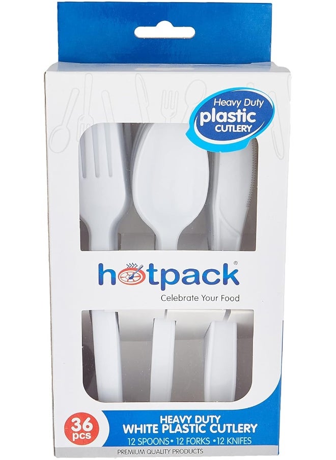 Hotpack Hotpack Disposable Plastic White Heavy Duty Cutlery 12 Spoon + Fork Knife, 36 Pieces 1 Set  - Image 1