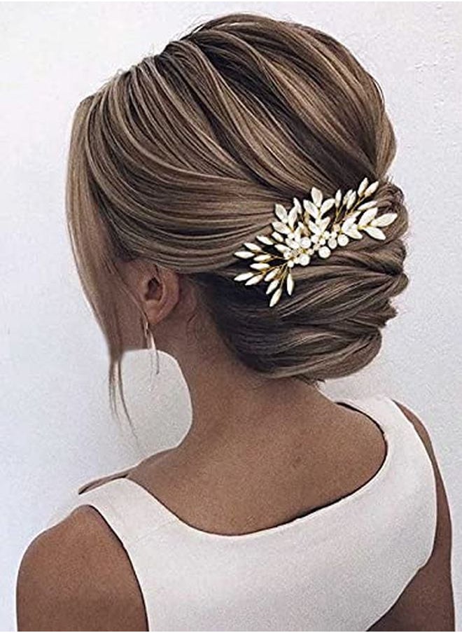 Unicra Brides Wedding Gold Leaf Hair Comb Crtstal Bridal Headpiece Bridesmaids Pearls Hair Accessories For Women And Girls (Gold)  - Image 3