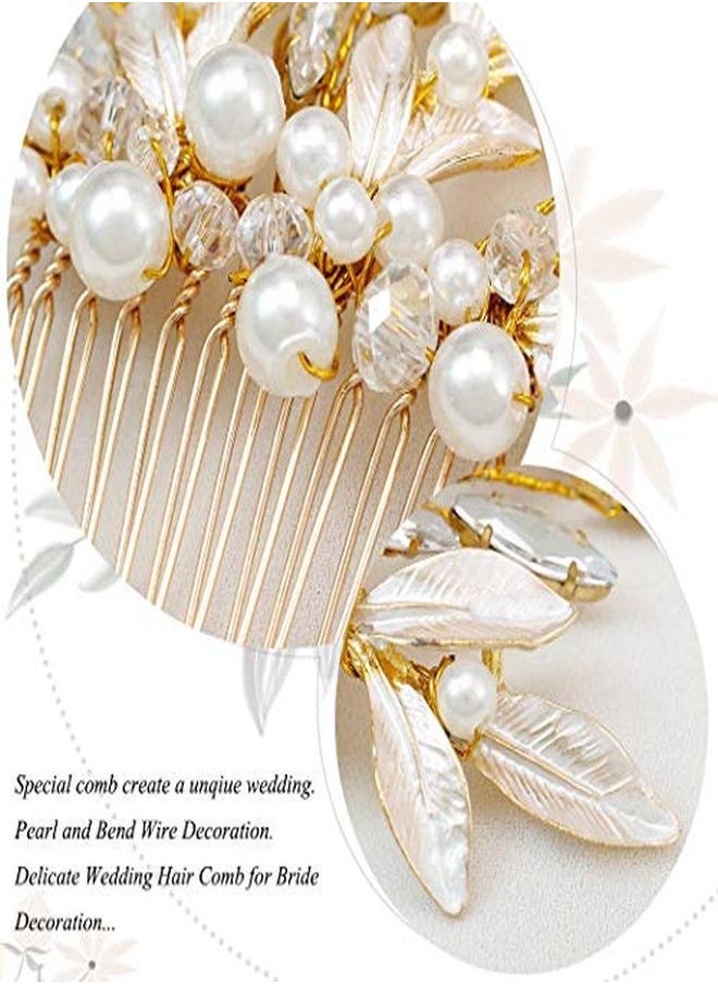 Unicra Brides Wedding Gold Leaf Hair Comb Crtstal Bridal Headpiece Bridesmaids Pearls Hair Accessories For Women And Girls (Gold)  - Image 4