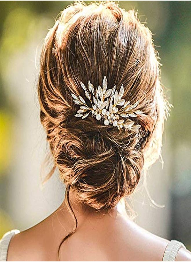 Unicra Brides Wedding Gold Leaf Hair Comb Crtstal Bridal Headpiece Bridesmaids Pearls Hair Accessories For Women And Girls (Gold)  - Image 1