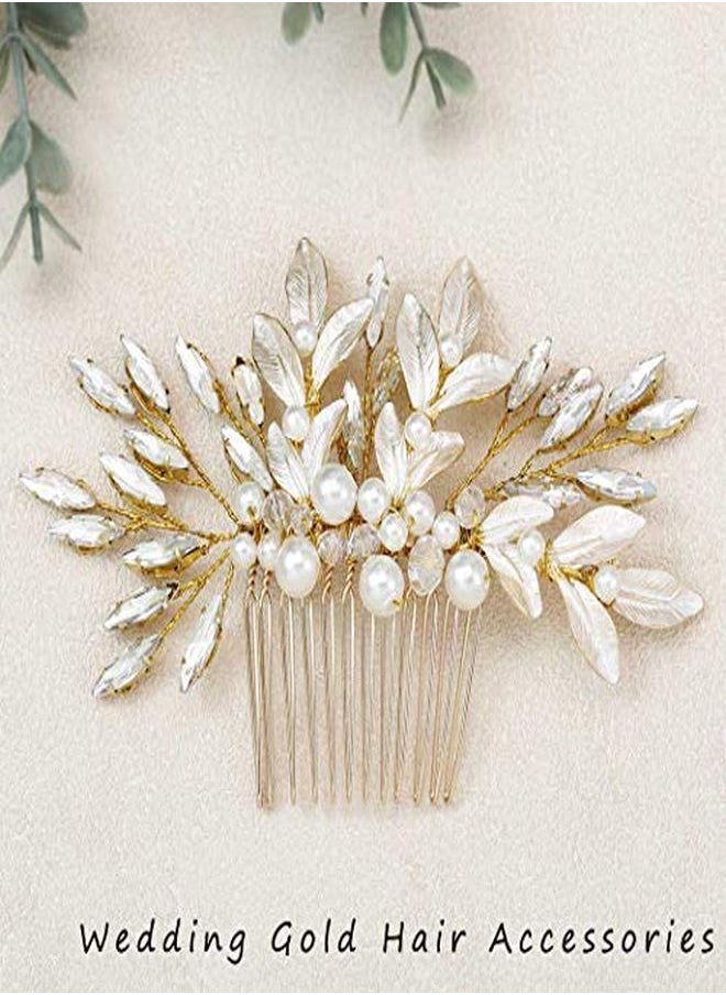 Unicra Brides Wedding Gold Leaf Hair Comb Crtstal Bridal Headpiece Bridesmaids Pearls Hair Accessories For Women And Girls (Gold)  - Image 2