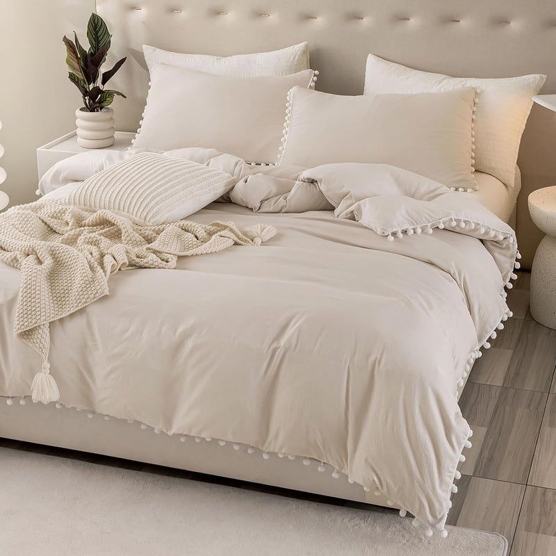 Bedbay Beige Boho Comforter Set Queen - Pom Pom Aesthetic Room Decor, Cute Ball Fringe Farmhouse Bedding, Ultra Soft Microfiber Lightweight (Beige) - Image 3