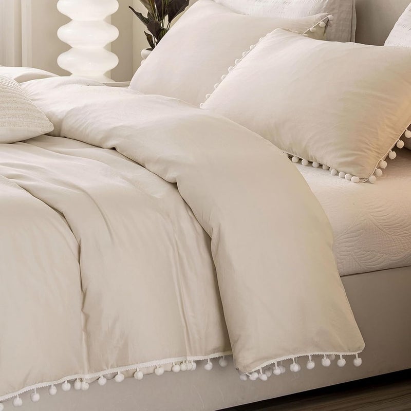Bedbay Beige Boho Comforter Set Queen - Pom Pom Aesthetic Room Decor, Cute Ball Fringe Farmhouse Bedding, Ultra Soft Microfiber Lightweight (Beige) - Image 4