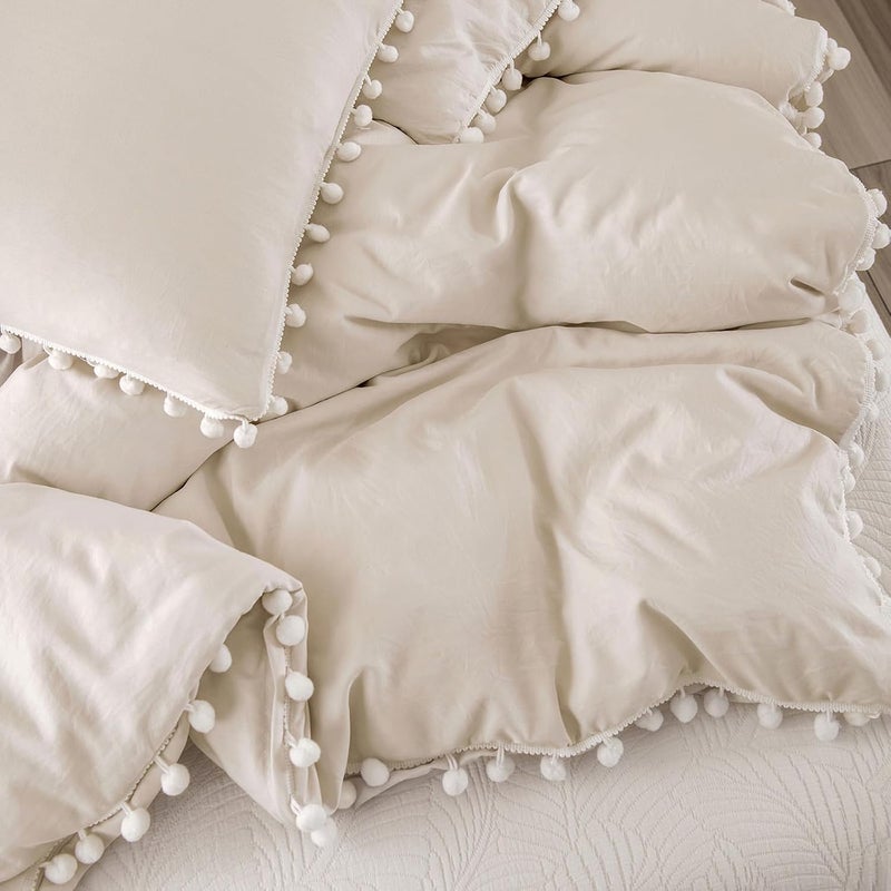 Bedbay Beige Boho Comforter Set Queen - Pom Pom Aesthetic Room Decor, Cute Ball Fringe Farmhouse Bedding, Ultra Soft Microfiber Lightweight (Beige) - Image 5