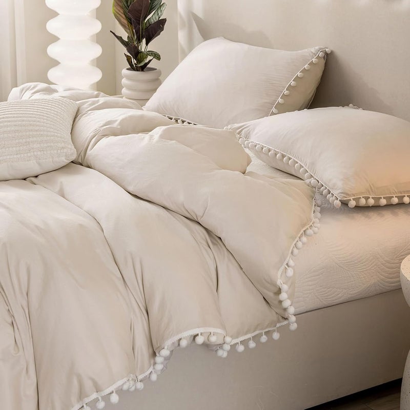 Bedbay Beige Boho Comforter Set Queen - Pom Pom Aesthetic Room Decor, Cute Ball Fringe Farmhouse Bedding, Ultra Soft Microfiber Lightweight (Beige) - Image 1