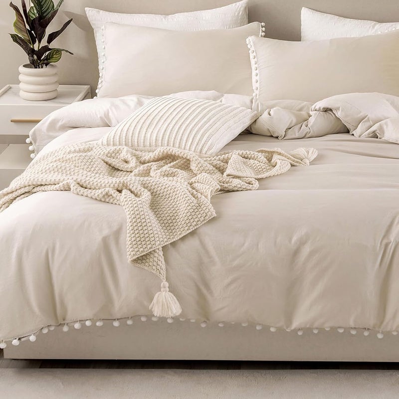 Bedbay Beige Boho Comforter Set Queen - Pom Pom Aesthetic Room Decor, Cute Ball Fringe Farmhouse Bedding, Ultra Soft Microfiber Lightweight (Beige) - Image 2