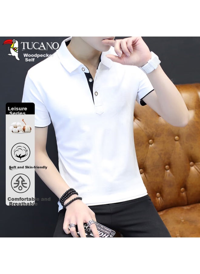 Tucano Men's Short Sleeve T-shirt Summer Solid Color Simple Polo Undershirt Casual Turn-down Collar Top Men's Clothing White Black XL - Image 1