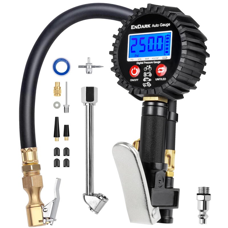 Digital Tire Pressure Gauge with Inflator ENDARK 250 PSI Air Compressor Attachment Inflation Gun with Heavy Duty 360 Air Chuck  Extended Hose and Quick Connect Coupler