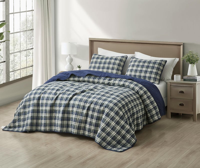 Chezmoi Collection Chezmoi Collection Chad 3-Piece Printed Plaid Cotton Quilt Set Oversized King Size - Blue Green Light Beige Plaid - Stone Washed Cotton Breathable Lightweight Bedspread Set  - Image 2