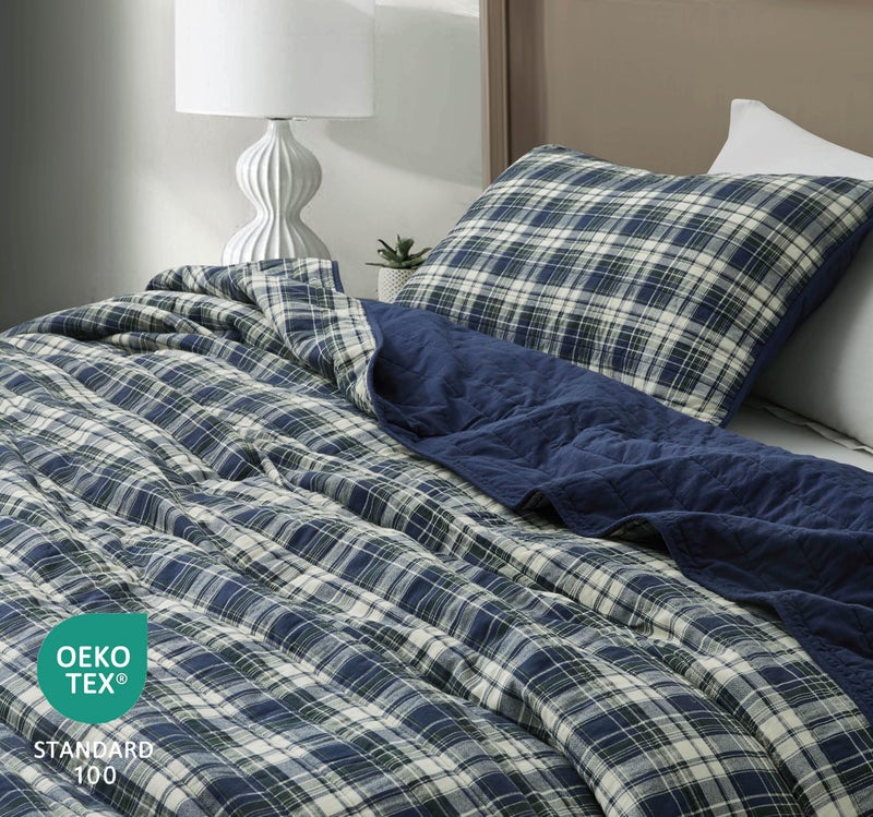 Chezmoi Collection Chezmoi Collection Chad 3-Piece Printed Plaid Cotton Quilt Set Oversized King Size - Blue Green Light Beige Plaid - Stone Washed Cotton Breathable Lightweight Bedspread Set  - Image 4