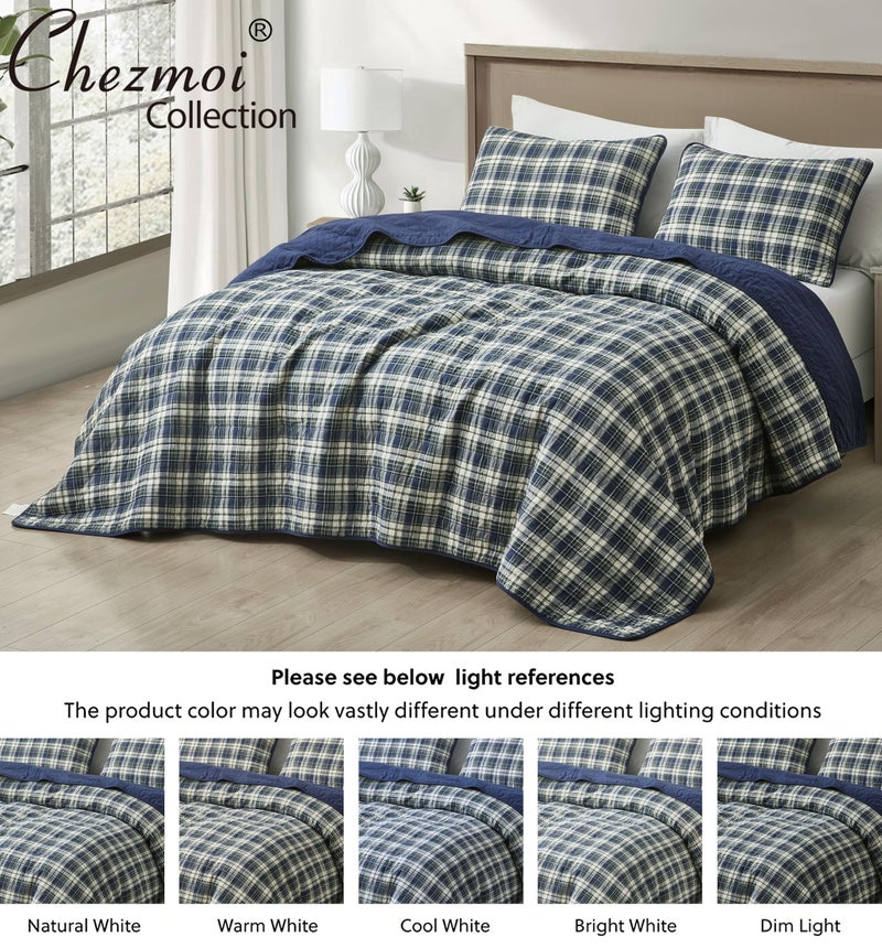 Chezmoi Collection Chezmoi Collection Chad 3-Piece Printed Plaid Cotton Quilt Set Oversized King Size - Blue Green Light Beige Plaid - Stone Washed Cotton Breathable Lightweight Bedspread Set  - Image 5