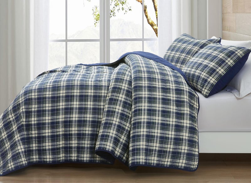 Chezmoi Collection Chezmoi Collection Chad 3-Piece Printed Plaid Cotton Quilt Set Oversized King Size - Blue Green Light Beige Plaid - Stone Washed Cotton Breathable Lightweight Bedspread Set  - Image 3