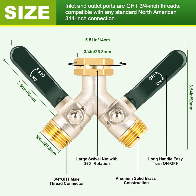 Brass Hose Splitter: 3/4-Inch GHT Green Full-Bore Ball Valve - Dual-Hose Connectivity Hassle-Free Installation for Outdoor Garden Irrigation Car Washing Lawn Care - Image 5