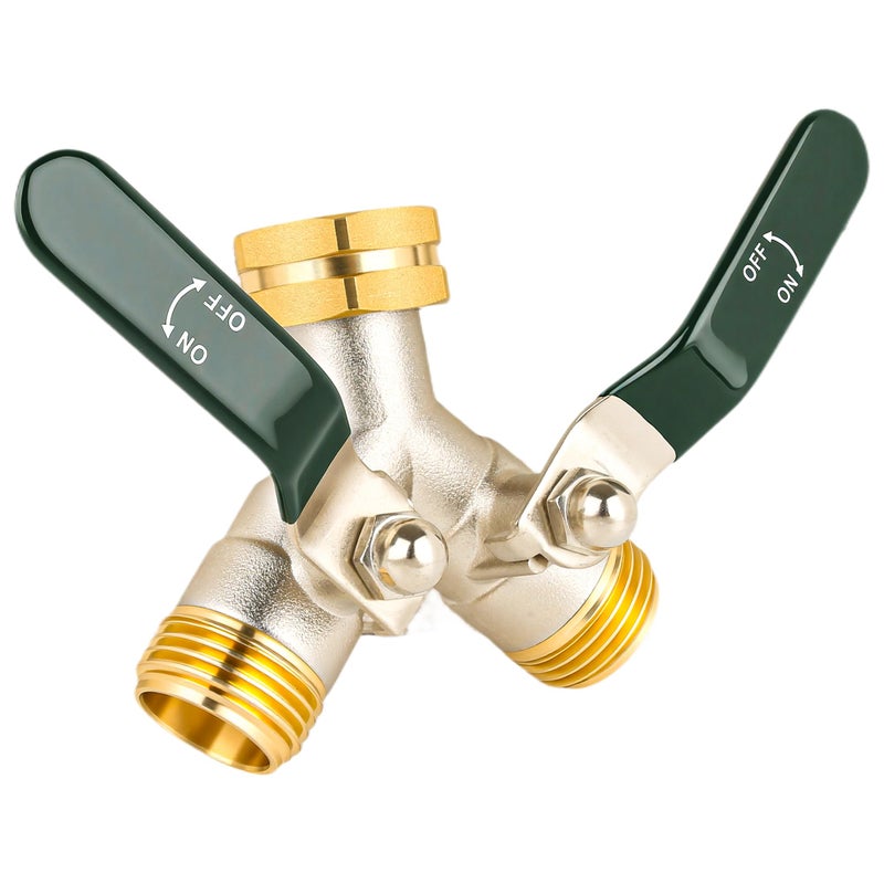 Brass Hose Splitter: 3/4-Inch GHT Green Full-Bore Ball Valve - Dual-Hose Connectivity Hassle-Free Installation for Outdoor Garden Irrigation Car Washing Lawn Care - Image 1