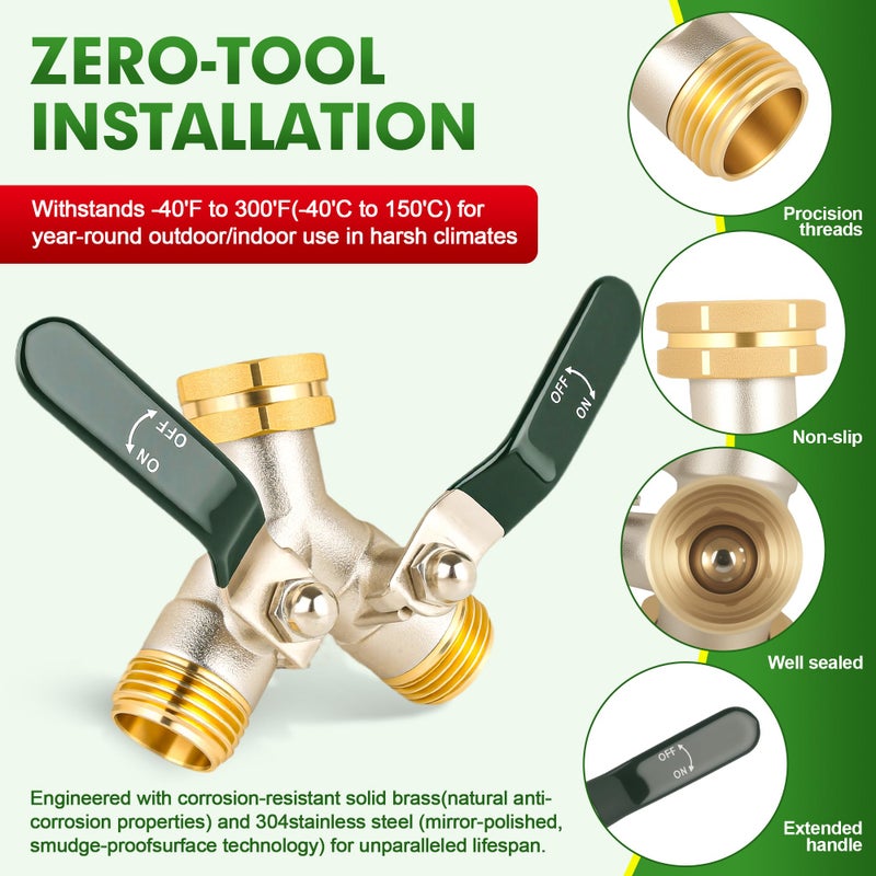 Brass Hose Splitter: 3/4-Inch GHT Green Full-Bore Ball Valve - Dual-Hose Connectivity Hassle-Free Installation for Outdoor Garden Irrigation Car Washing Lawn Care - Image 2