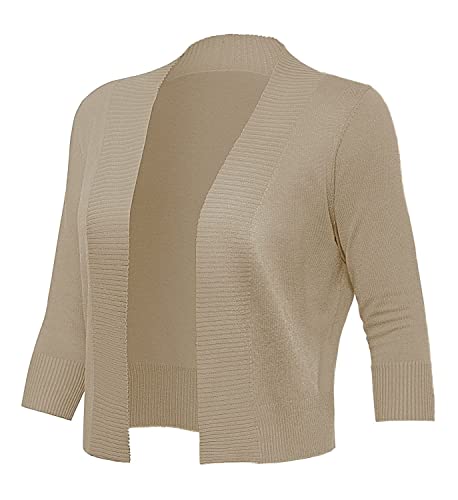 GoMamee Women's Basic 3/4 Sleeve Cardigans Short Sweaters Cropped Open Front Knit Shrugs, Camel Heather M - Image 5