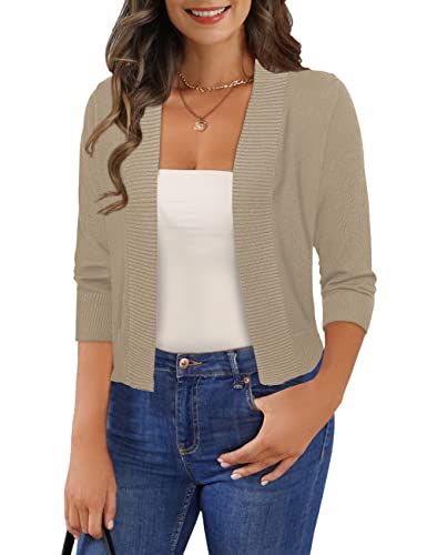 GoMamee Women's Basic 3/4 Sleeve Cardigans Short Sweaters Cropped Open Front Knit Shrugs, Camel Heather M - Image 1