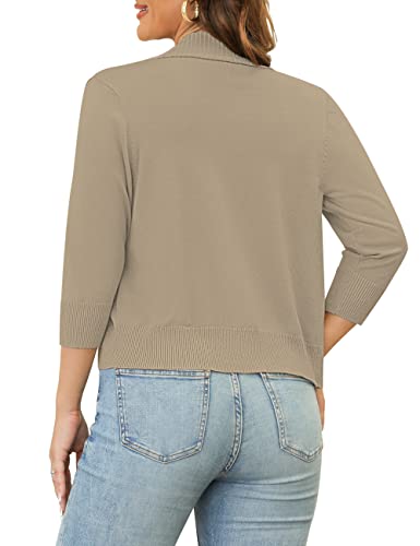 GoMamee Women's Basic 3/4 Sleeve Cardigans Short Sweaters Cropped Open Front Knit Shrugs, Camel Heather M - Image 2