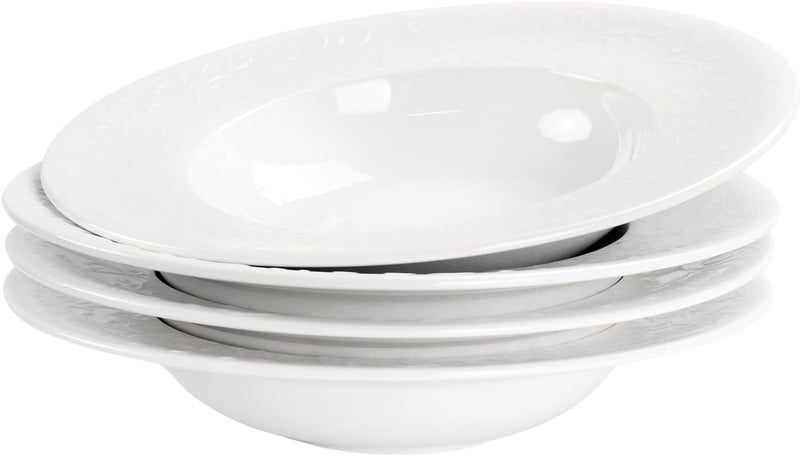 jinsongdafa Soup Bowls Pasta Bowls Plates White Salad Bowls Set of 4 Embossed Porcelain Wide Rim Bowls 118 oz Microwave  Dishwasher Safe Best for foodies and restaurants 98 Inch flower relief - Image 1