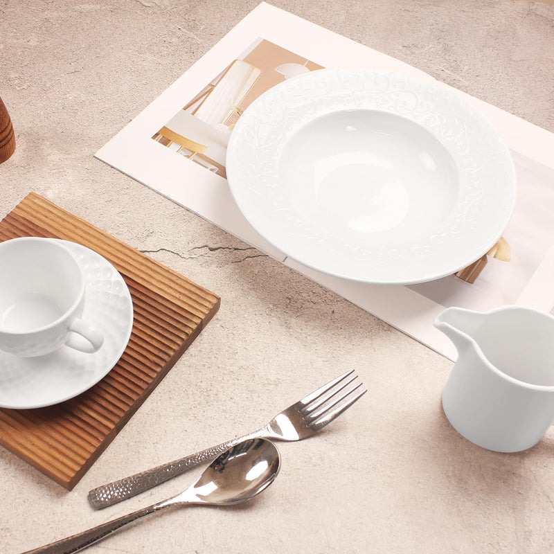 jinsongdafa Soup Bowls Pasta Bowls Plates White Salad Bowls Set of 4 Embossed Porcelain Wide Rim Bowls 118 oz Microwave  Dishwasher Safe Best for foodies and restaurants 98 Inch flower relief - Image 5