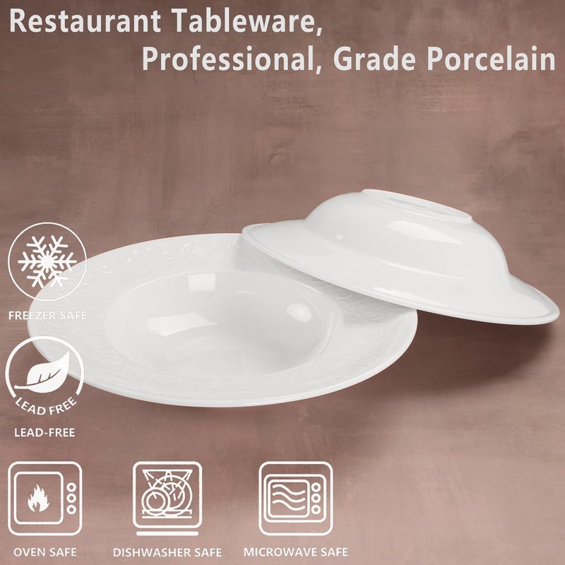 jinsongdafa Soup Bowls Pasta Bowls Plates White Salad Bowls Set of 4 Embossed Porcelain Wide Rim Bowls 118 oz Microwave  Dishwasher Safe Best for foodies and restaurants 98 Inch flower relief - Image 3