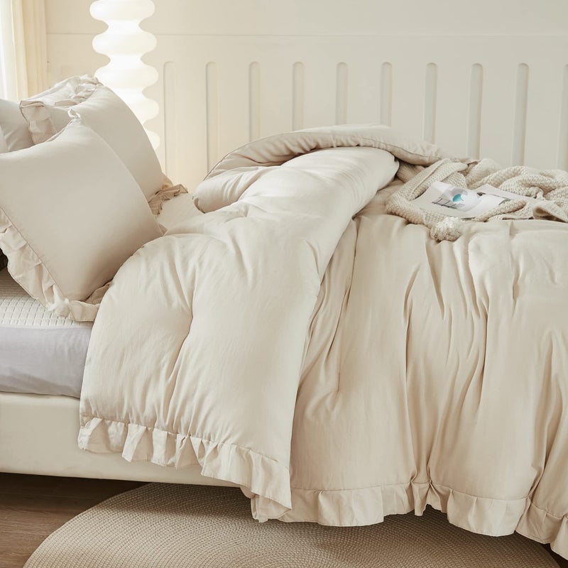 Litanika Litanika King Size Comforter Set Beige  3 Pieces Ruffle Lightweight Bedding Comforter Set  Fluffy Bed Set (104x90In Comforter  2 Pillowcases)  - Image 5