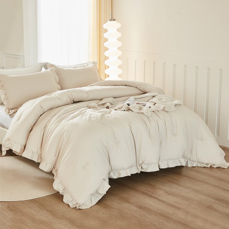 Litanika Litanika King Size Comforter Set Beige  3 Pieces Ruffle Lightweight Bedding Comforter Set  Fluffy Bed Set (104x90In Comforter  2 Pillowcases)  - Image 4