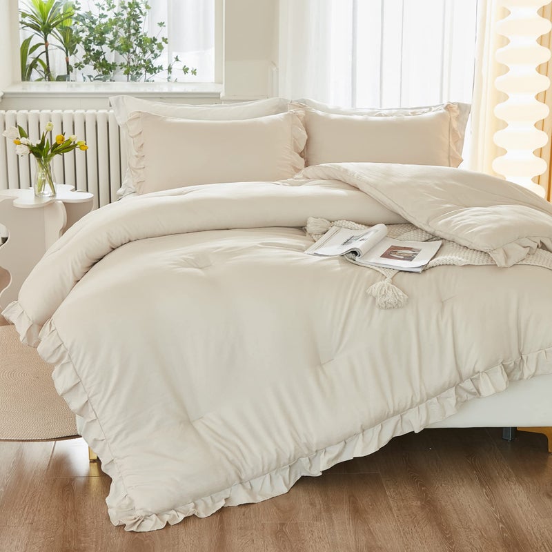 Litanika Litanika King Size Comforter Set Beige  3 Pieces Ruffle Lightweight Bedding Comforter Set  Fluffy Bed Set (104x90In Comforter  2 Pillowcases)  - Image 1