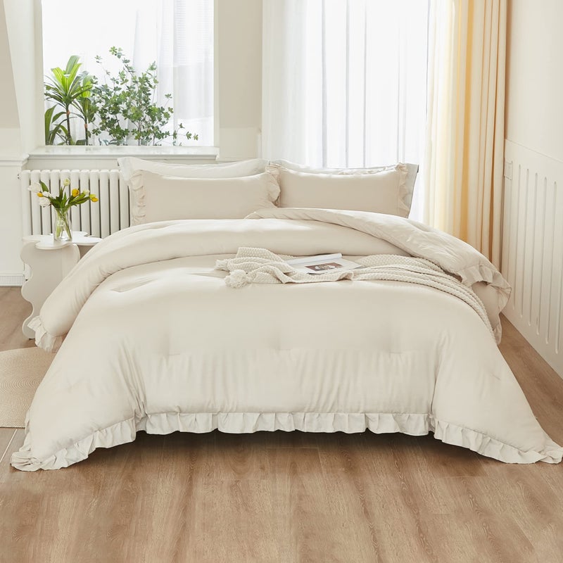 Litanika Litanika King Size Comforter Set Beige  3 Pieces Ruffle Lightweight Bedding Comforter Set  Fluffy Bed Set (104x90In Comforter  2 Pillowcases)  - Image 3