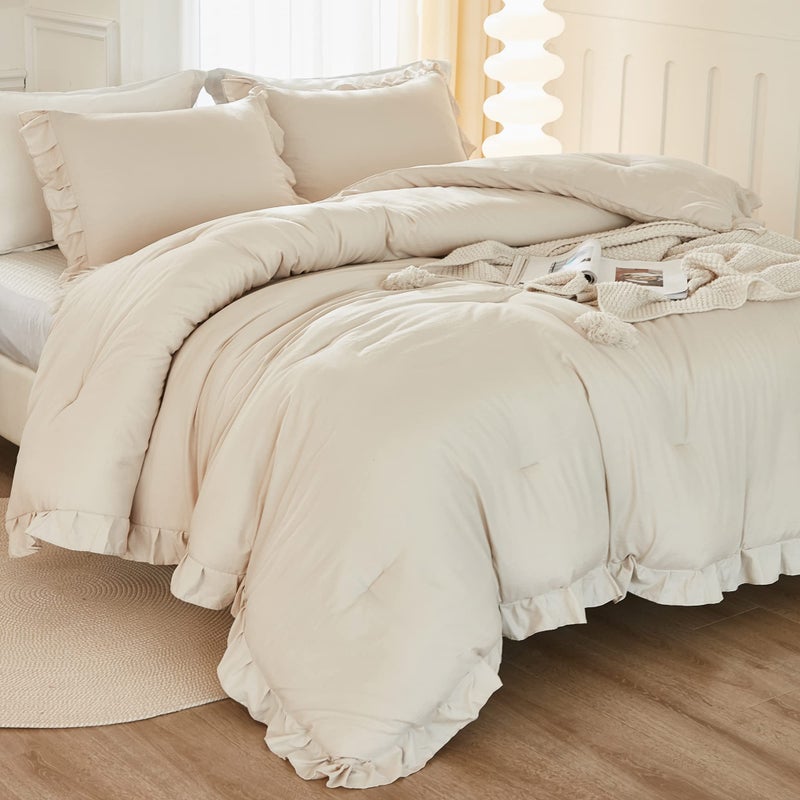 Litanika Litanika King Size Comforter Set Beige  3 Pieces Ruffle Lightweight Bedding Comforter Set  Fluffy Bed Set (104x90In Comforter  2 Pillowcases)  - Image 2