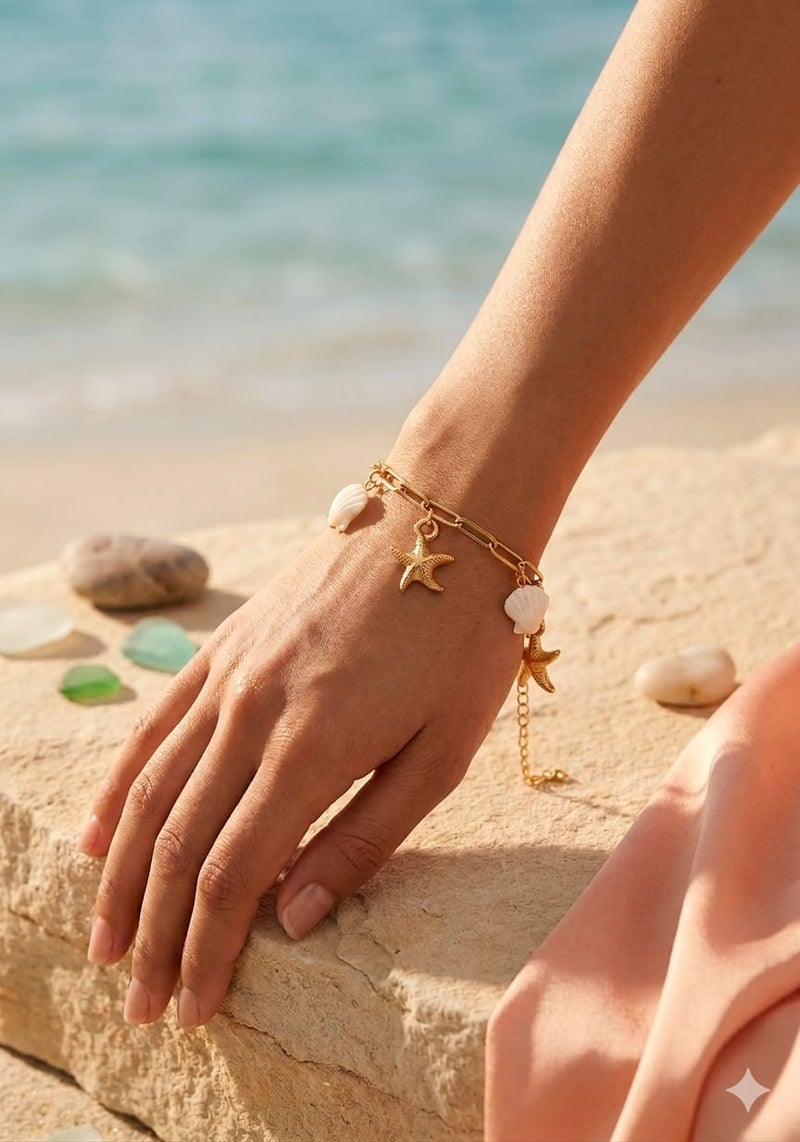 Paperclip Chain Charm Bracelet Adorned with Starfish & Sea Shells - Trendy Adjustable Summer Wristband