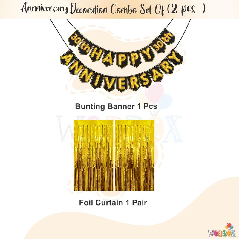 Wobbox Happy Anniversary Bunting Banner Black & Golden Shiny Font 30th Year with Golden Colour Foil Fringe, Happy Anniversary Decoration Item, Marriage Anniversary Decoration Item - Image 2