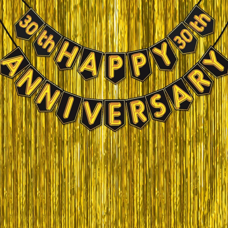 Wobbox Happy Anniversary Bunting Banner Black & Golden Shiny Font 30th Year with Golden Colour Foil Fringe, Happy Anniversary Decoration Item, Marriage Anniversary Decoration Item - Image 1