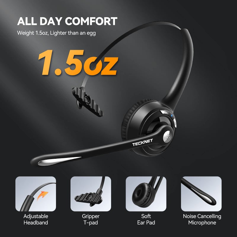 TECKNET Bluetooth Headset, Wireless On Ear Headphones with Noise Cancelling Microphone for Trucker, Hand Free Wireless Headset with Mute Mic for Phone - Image 4