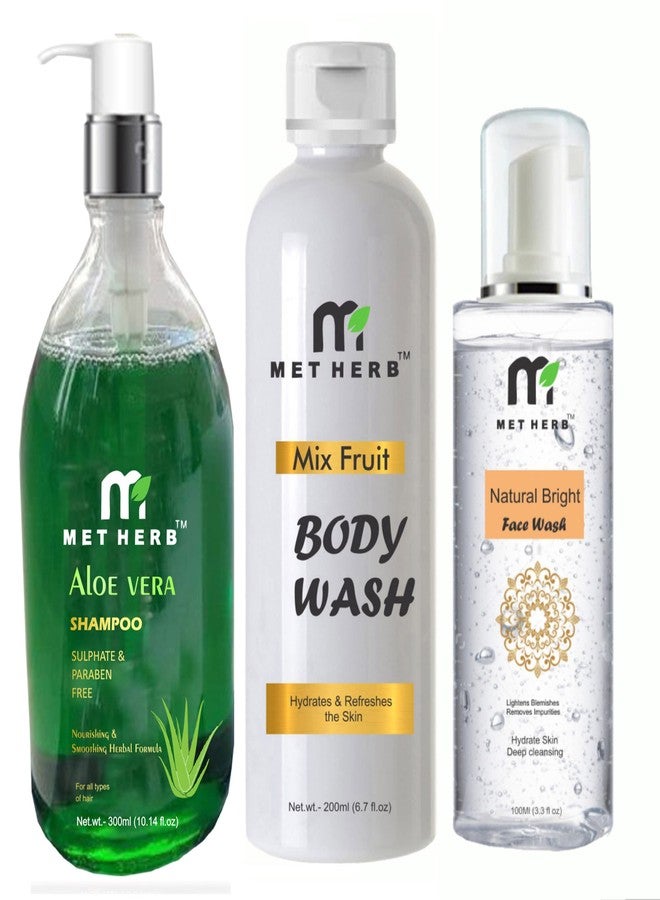 METHERB Aloe Vera Shampoo 300ml & Mix Fruit Body Wash -200ml l & Natural Bright Face Wash -100ml (combo pack) - Image 1