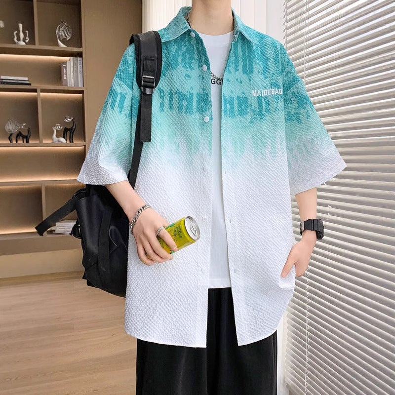Men's Short Sleeve Casual Shirt Summer Gradient Lightweight Blouse - Image 4