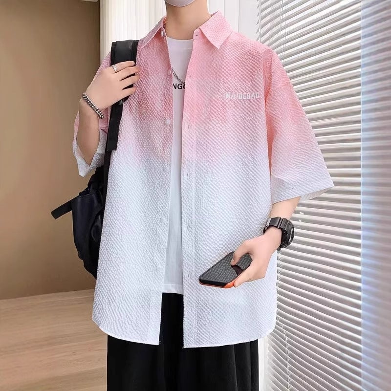 Men's Short Sleeve Casual Shirt Summer Gradient Lightweight Blouse - Image 3
