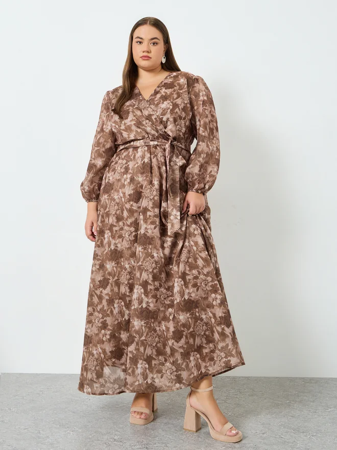 Styli Plus Size Floral Maxi Dress with Tie-Belt