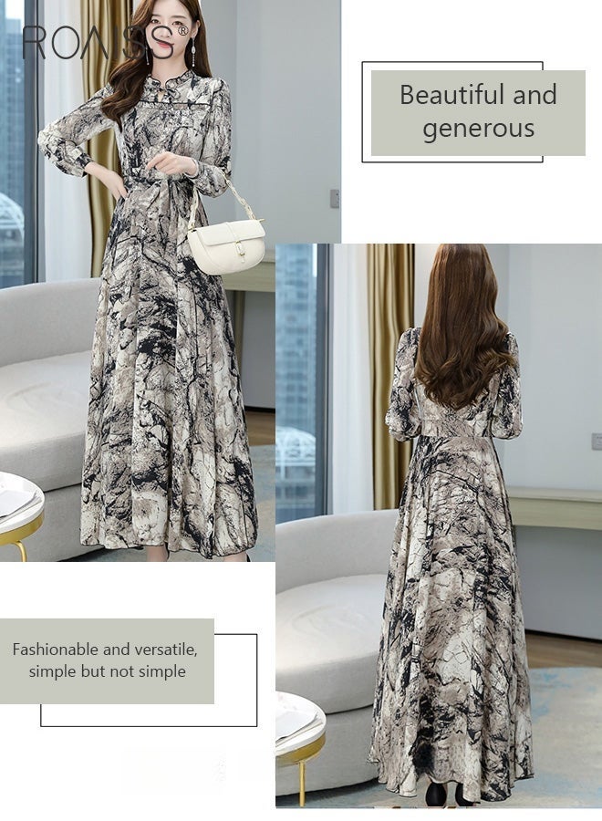 Women's Elegant Chiffon Dress, Ink Painting Texture Big Hemline Long Dresses, Daily Commuting Slim Youthful Long Sleeve Dress, Ladies Tighten Waist Spring Summer Dress - Image 4